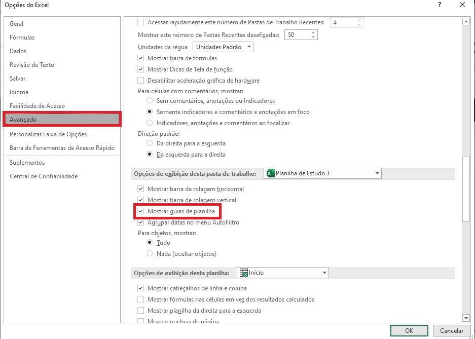 Como ocultar guias no Excel