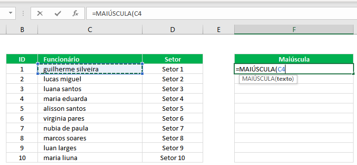 Como Converter para maiúscula em Excel