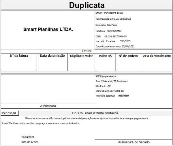 Modelo De Duplicata Gratuito Em Excel Smart Planilhas 9532