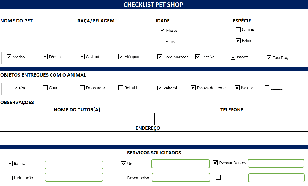 CheckList para Pet Shop em Excel