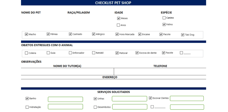 CheckList para Pet Shop em Excel Grátis