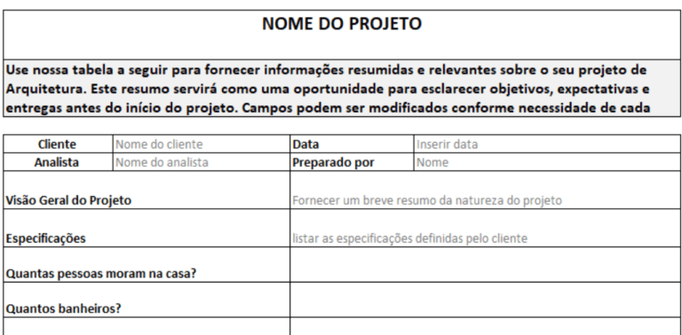 Briefing Arquitetura Residencial em Excel Grátis