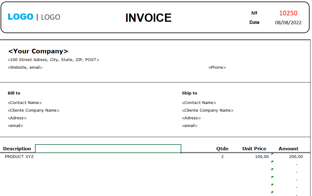Modelo de Invoice em Excel Grátis