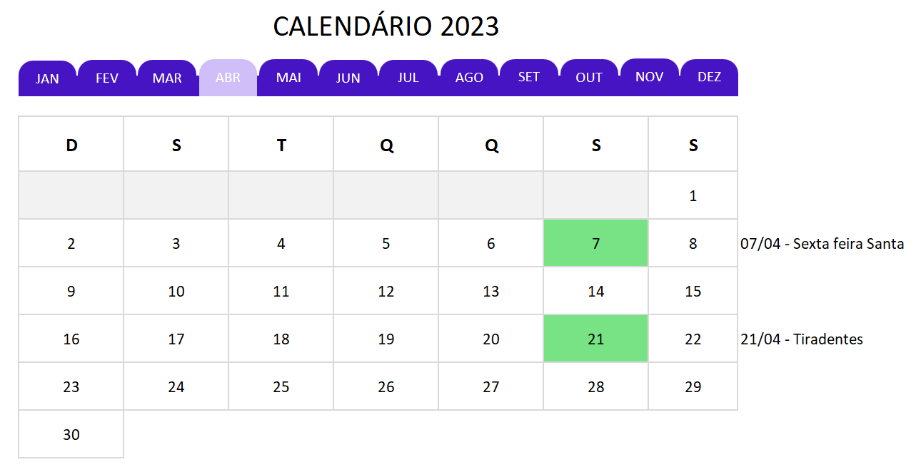 Calendário 2023 em Excel