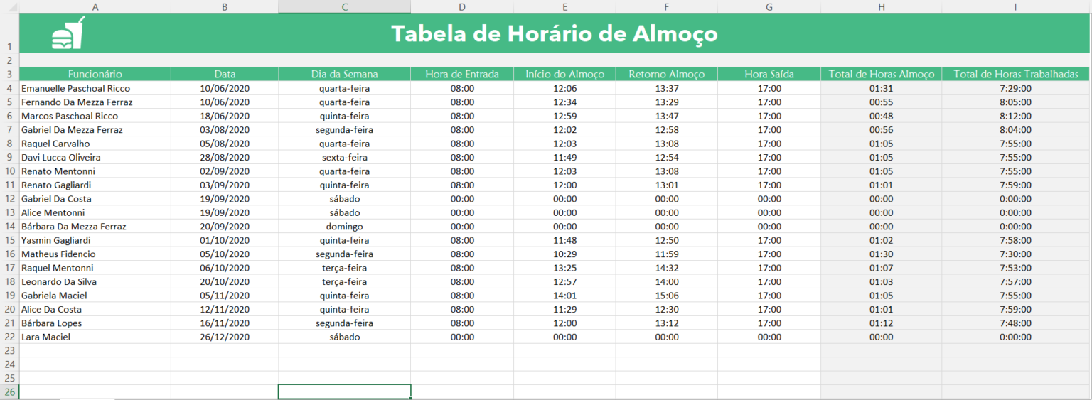 Tabela de Horário de Almoço - Smart Planilhas