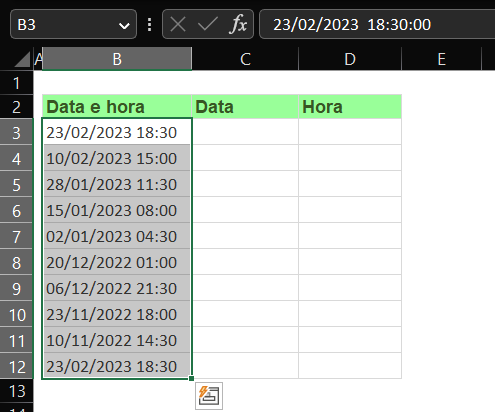 como separar data e hora no excel