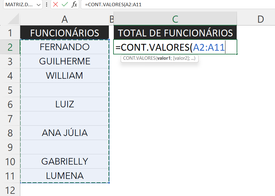 Função CONTVALORES no Excel