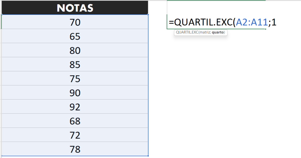 Função Primeiro Quartil no Excel