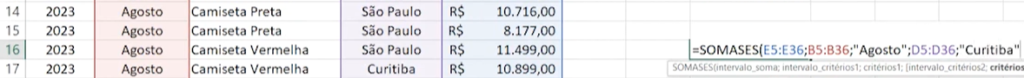 Como somar com condição no Excel Função SOMA.SES