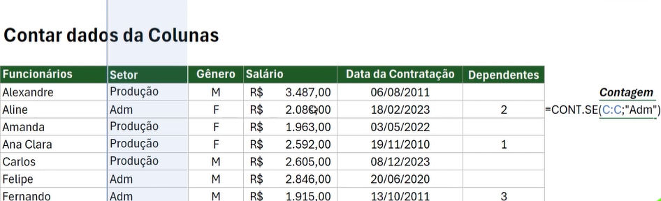 Como contar dados em colunas no Excel - ADM