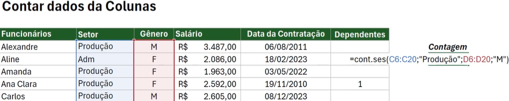 Como contar dados em colunas no Excel - CONT.SES