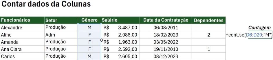 Como contar dados em colunas no Excel - M