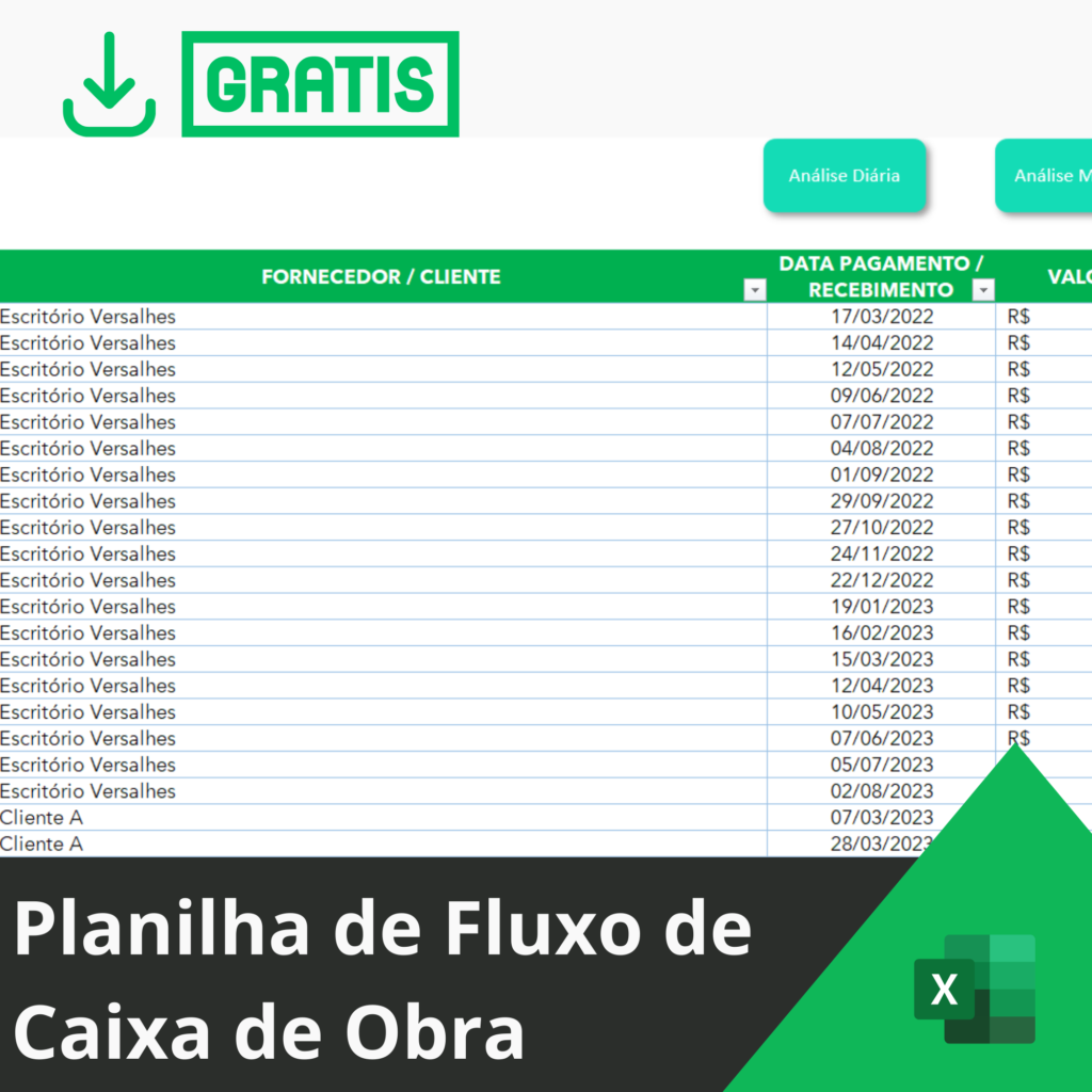 Planilha de Fluxo de Caixa de Obra Grátis