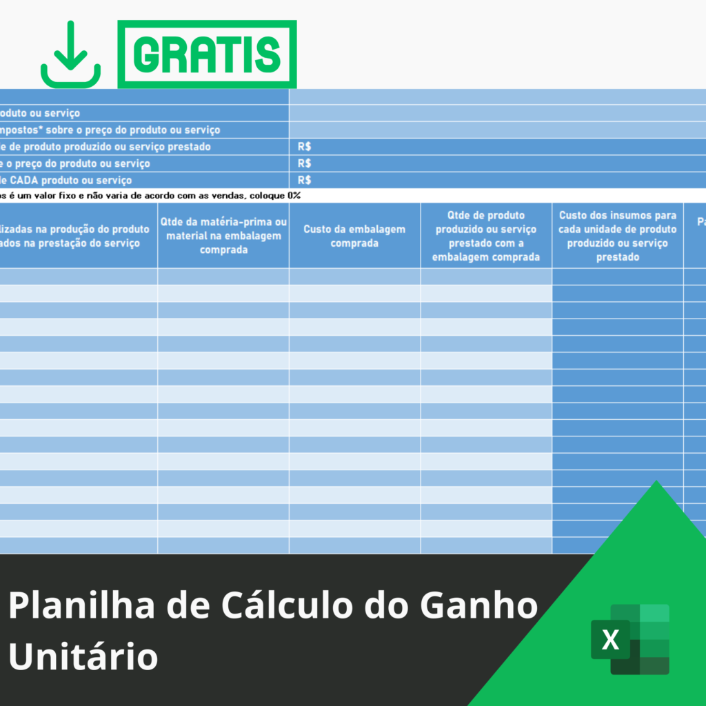 Planilha de Cálculo do Ganho Unitário Excel