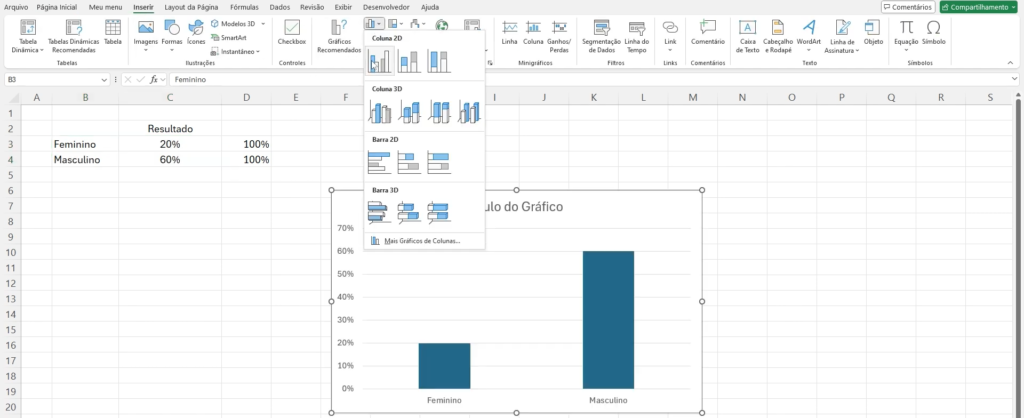 Gráfico de Gênero - Inserir Gráfico de Colunas