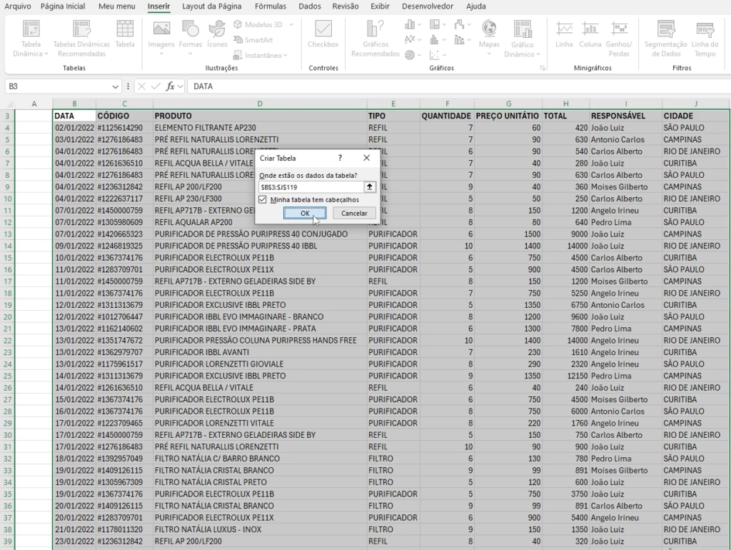 Função PIVOTAR - Formato de tabela