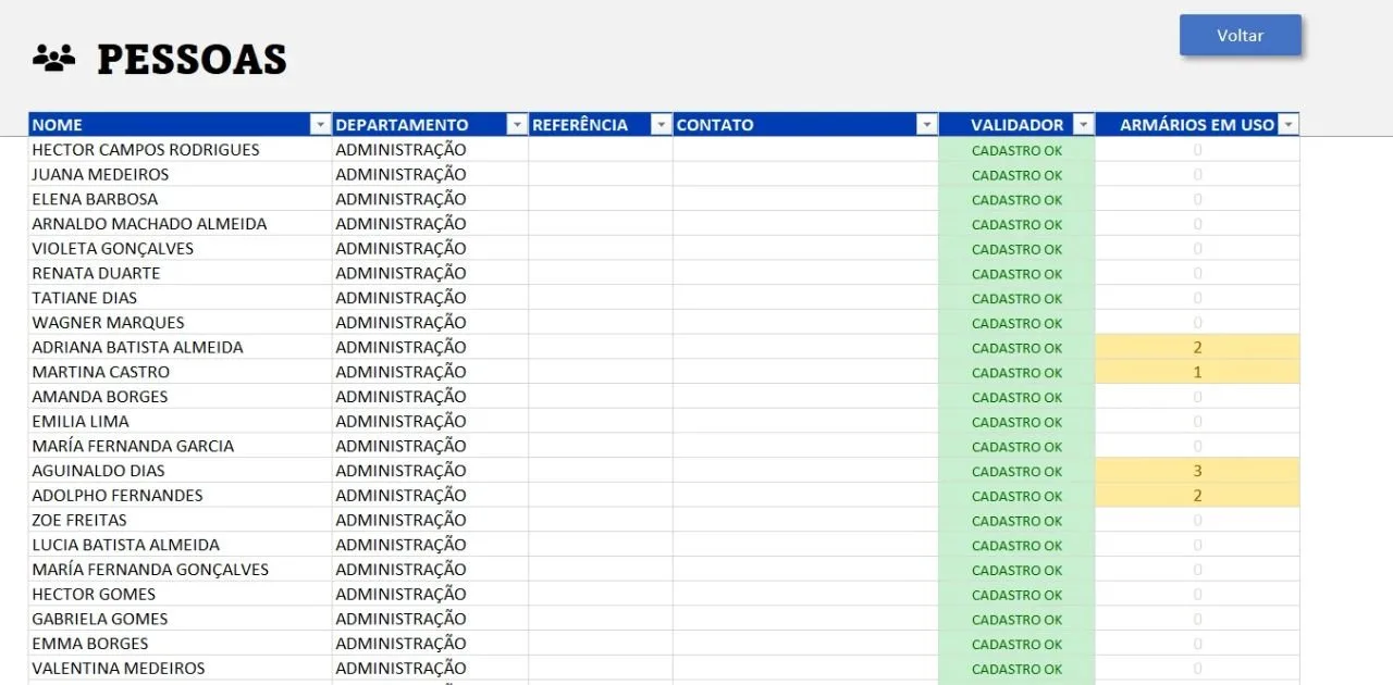 Planilha Controle de Armários em Excel
