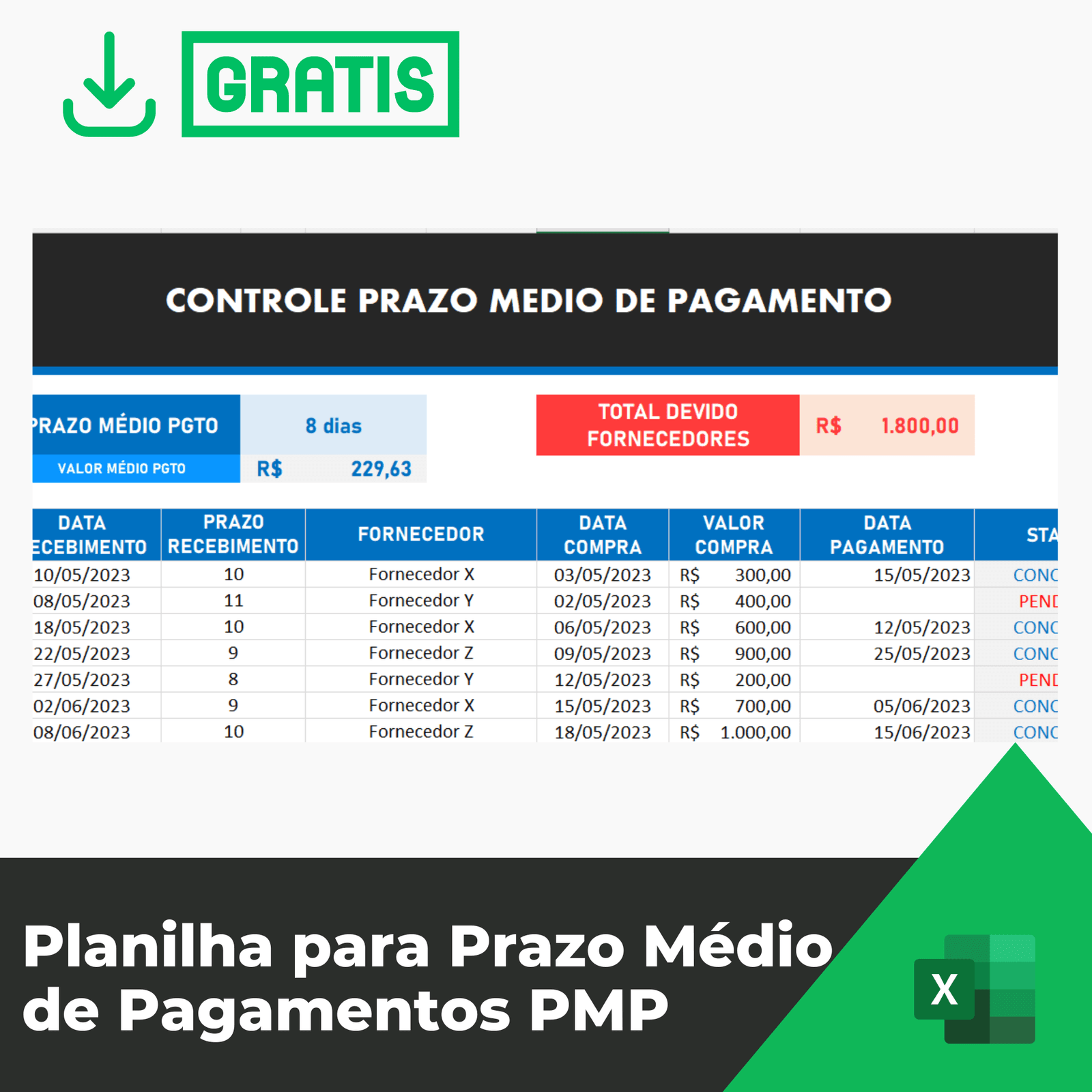 Planilha para Prazo Médio de Pagamentos PMP Grátis