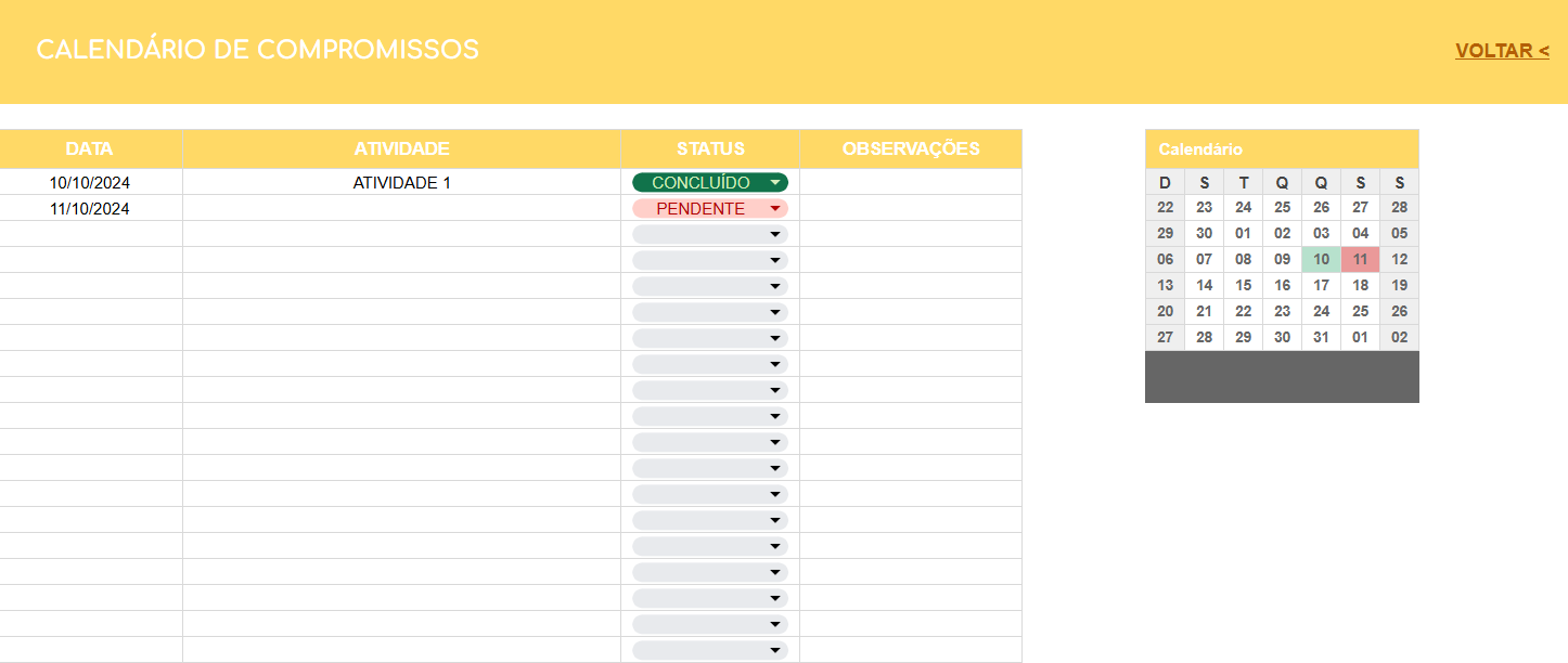 Planilha Controle de Documentos Google - Calendário