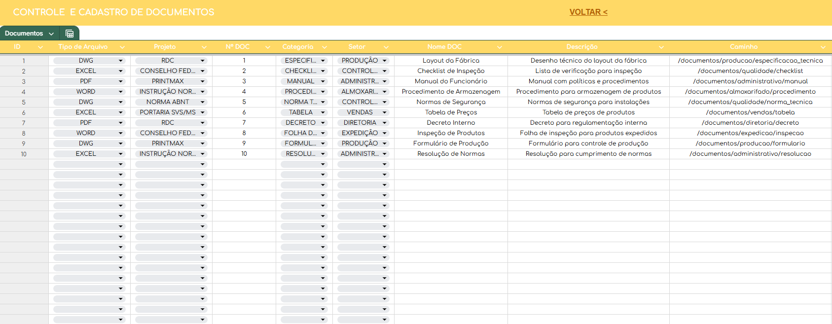 Planilha Controle de Documentos Google - Cadastro de Documentos