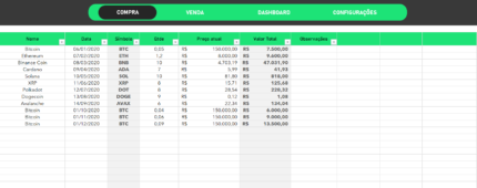 Planilha de Criptomoedas - Compra