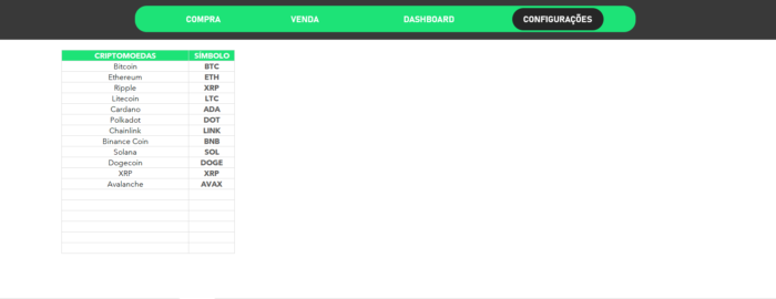 Planilha de Criptomoedas - Configurações