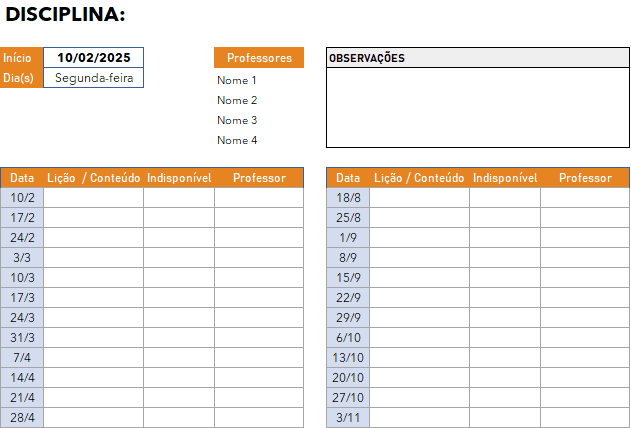 Planilha de Cronograma de Aula