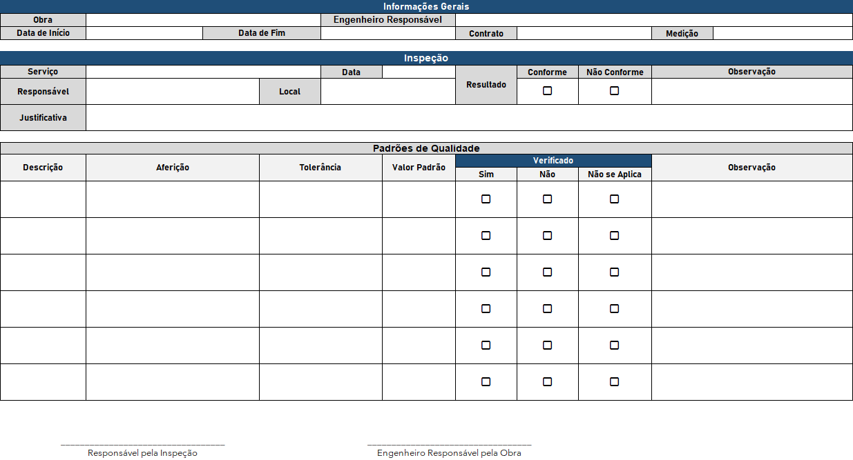 Planilha de Checklist de Inspeções e Qualidade