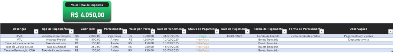 Planilha de Controle de Impostos e Taxas