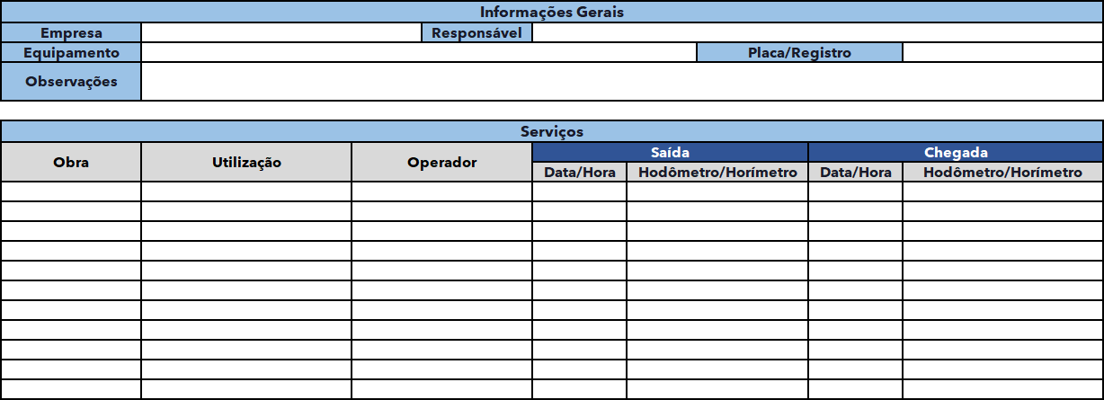 Planilha de Gestão de Equipamentos de Obra - Controle