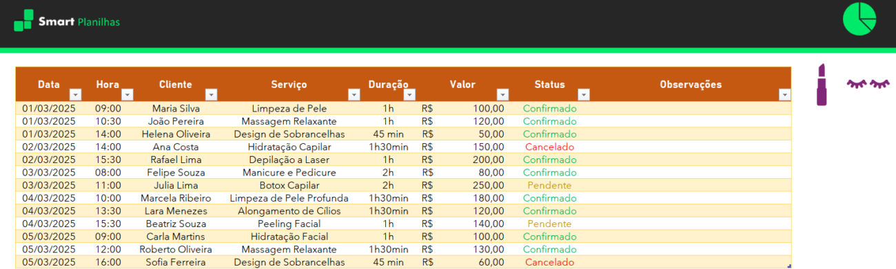 Planilha Gestão de Agendamentos Estéticos