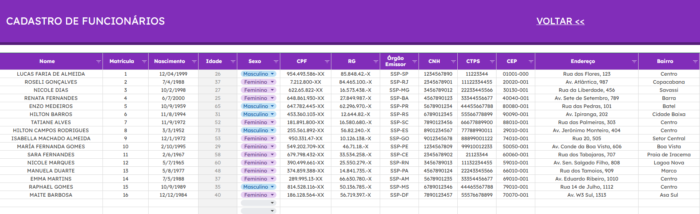 Planilha Google de Recursos Humanos - Cadastro de Funcionários