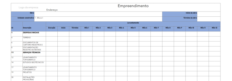 Planilha de Planejamento de Construção