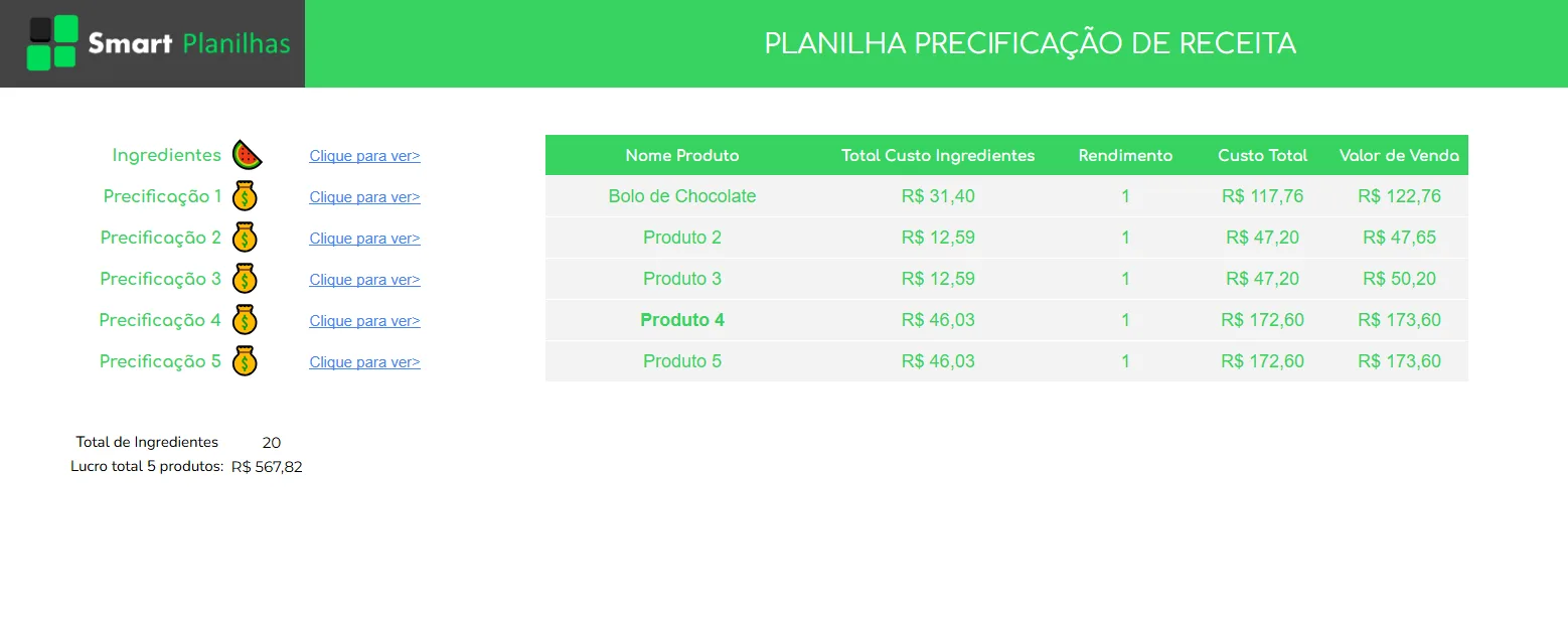 Planilha Google Precificação de Receita