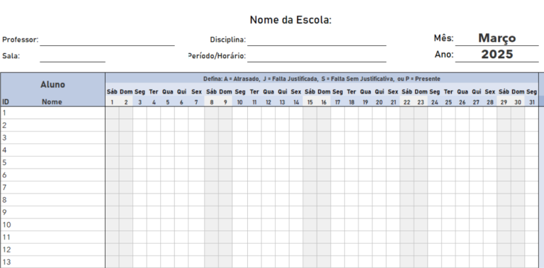 Planilha Lista de Presença Mensal Grátis