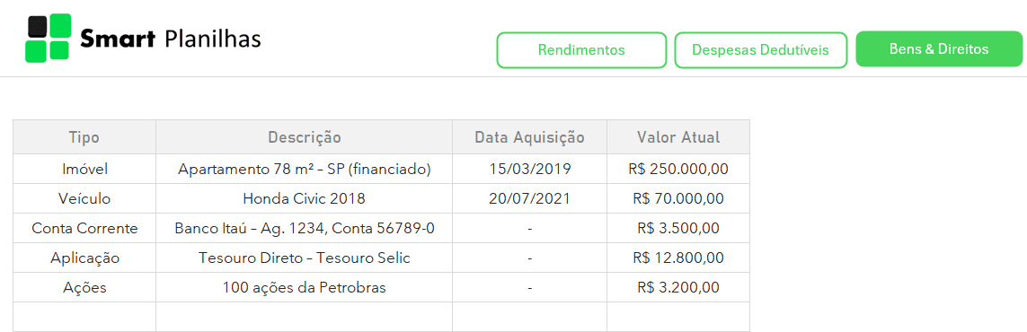 Planilha Restituição de Imposto de Renda Grátis - Bens & Direitos