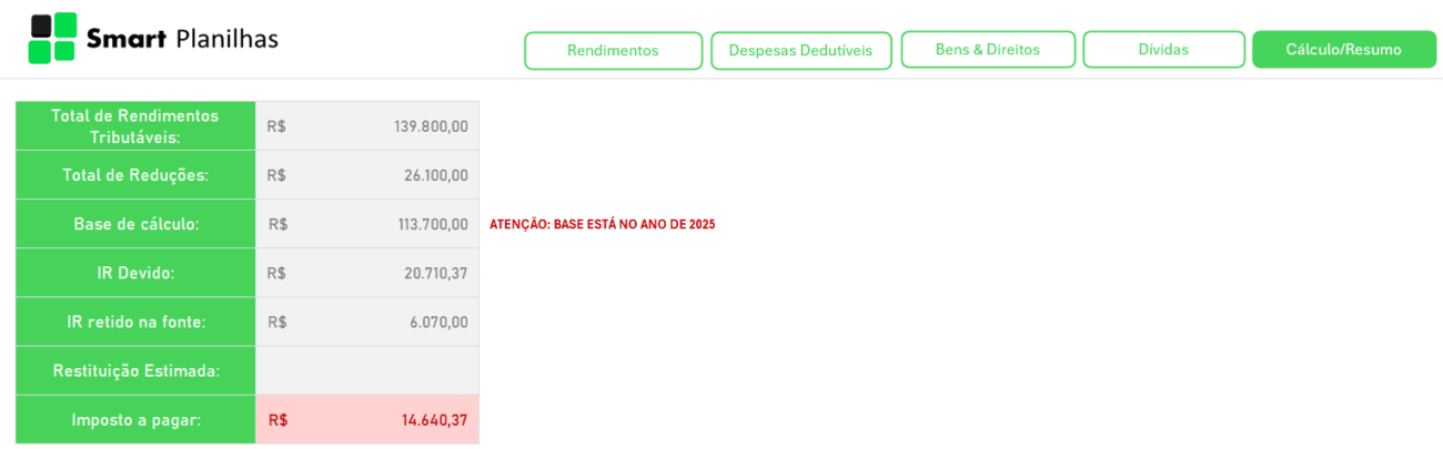 Planilha Restituição de Imposto de Renda Grátis - Cálculo