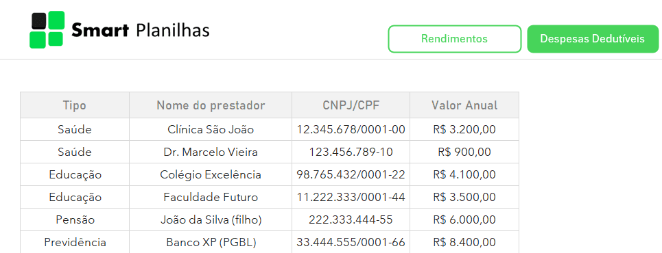 Planilha Restituição de Imposto de Renda Grátis - Despesas Dedutíveis