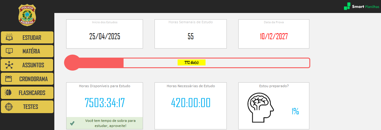 Planilha de Estudos Polícia Federal - Tela inicial