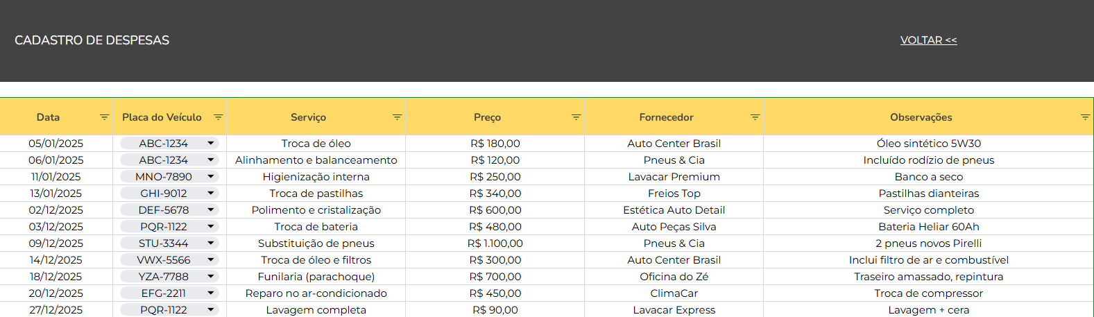 Planilha para Loja de Carros Google - Cadastro de Despesas
