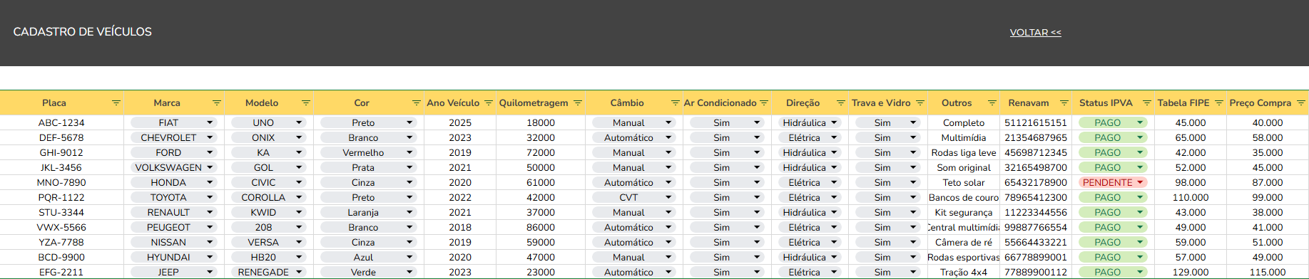 Planilha para Loja de Carros Google - Cadastro de Veículos