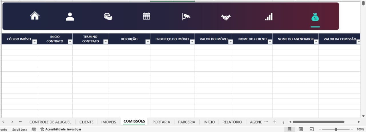Planilha Corretor de Imóveis aluguel e venda - Comissões