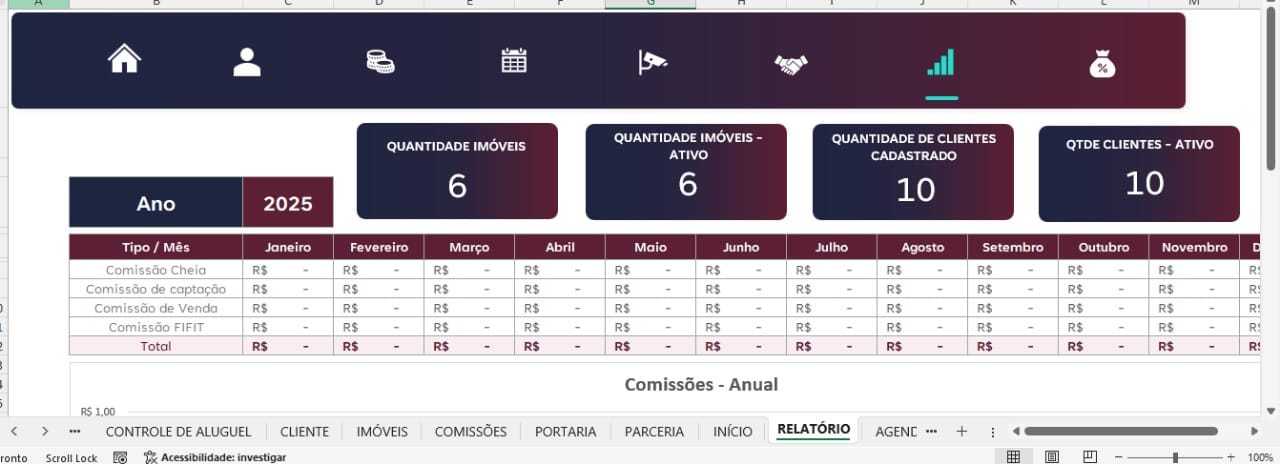 Planilha Corretor de Imóveis aluguel e venda - Relatório