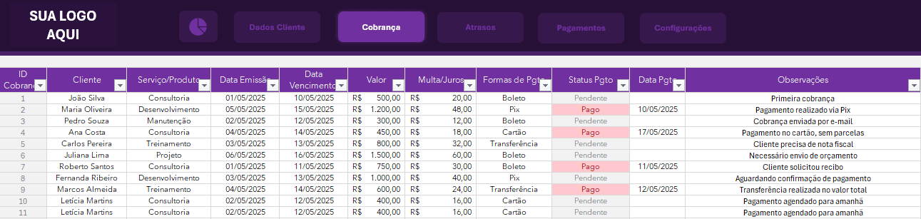 Planilha de Cobrança - Cobranças