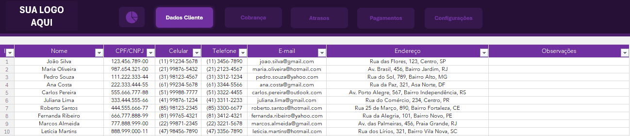 Planilha de Cobrança - Dados Cliente