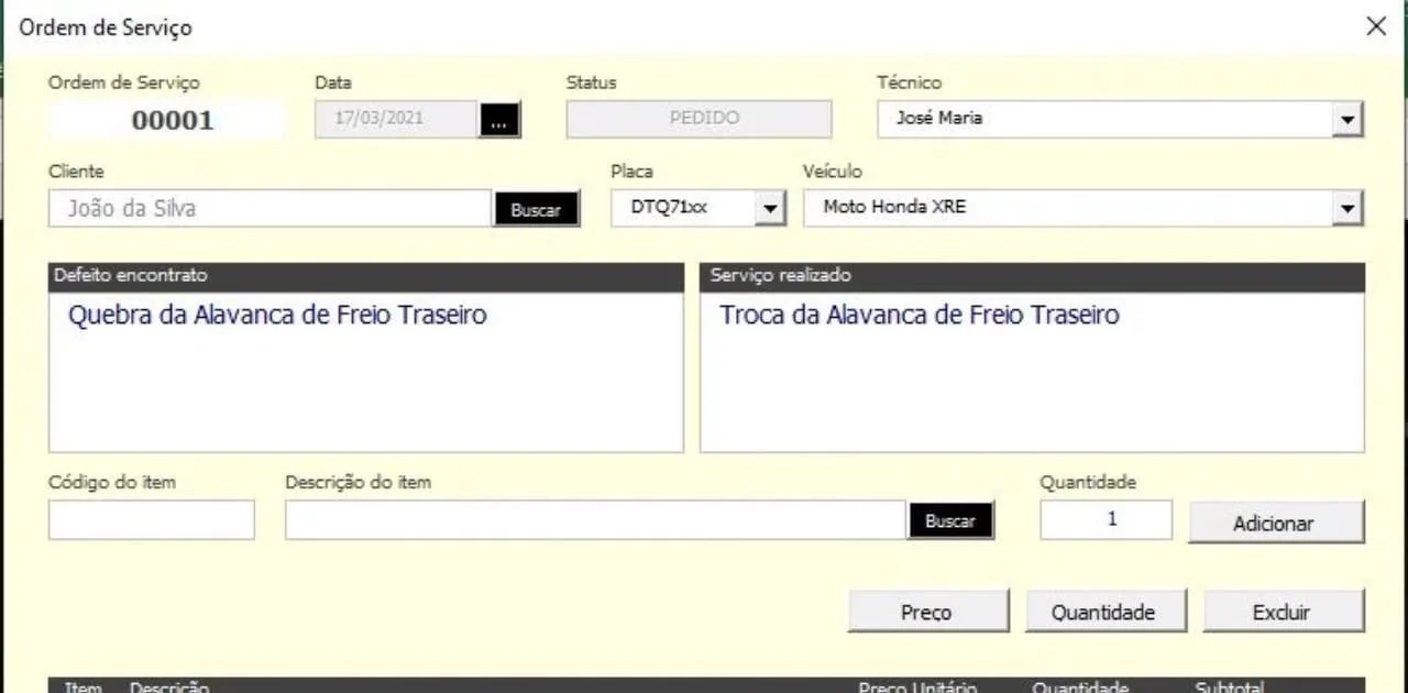Planilha para Mecânico - Ordem de Serviço