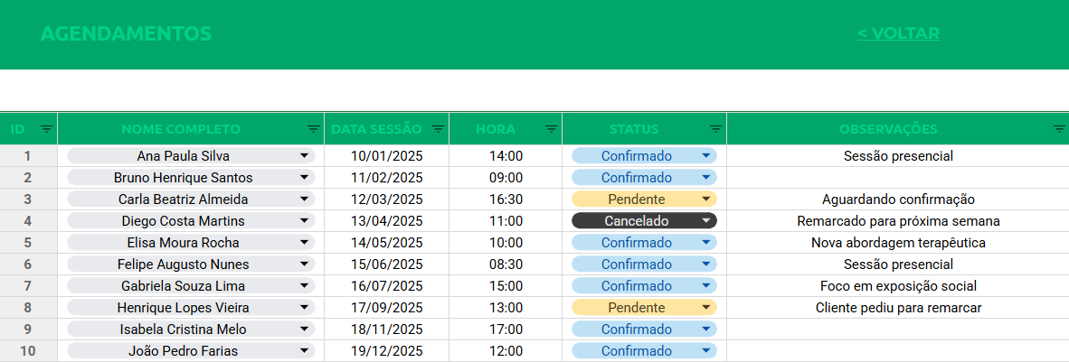 Planilha Google de Gestão para Pilates - Agendamentos