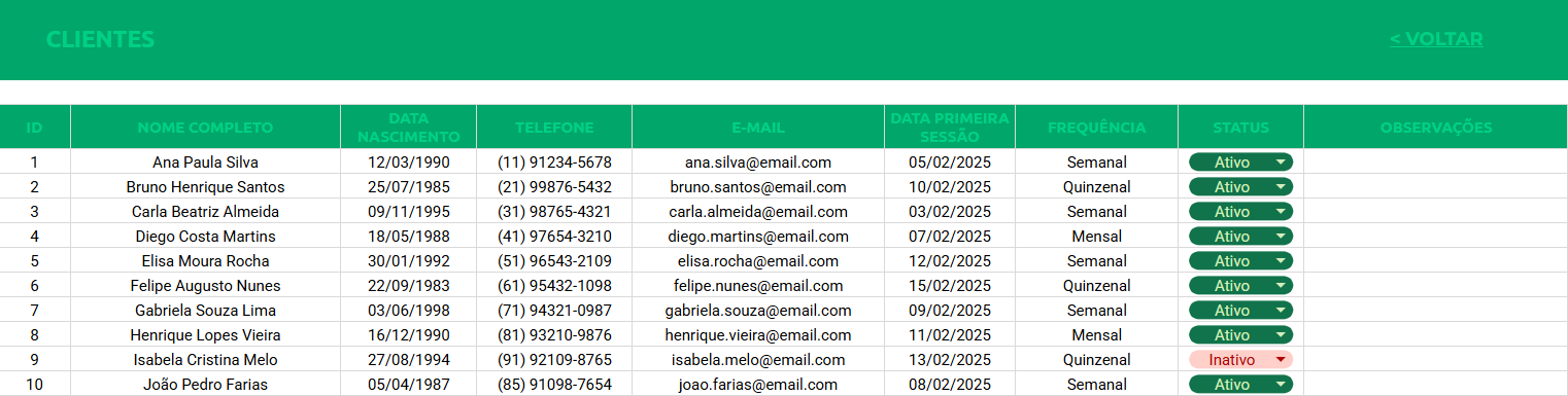 Planilha Google de Gestão para Pilates - Cadastro de Clientes