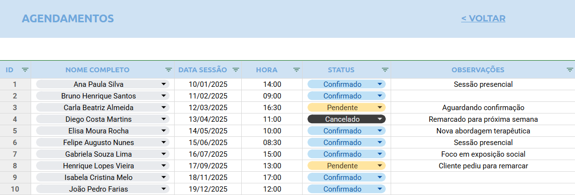 Planilha Google para Fonoaudiólogos - Agendamentos