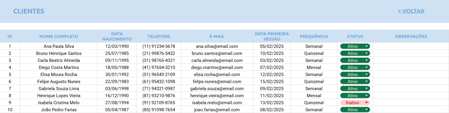 Planilha Google para Fonoaudiólogos - Clientes